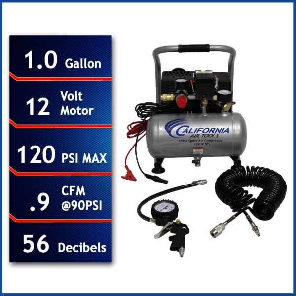 California Air Tools .12 Volt, 1.0 Gal. Steel Tank Portable Light & Quiet Air Compressor - Image 2