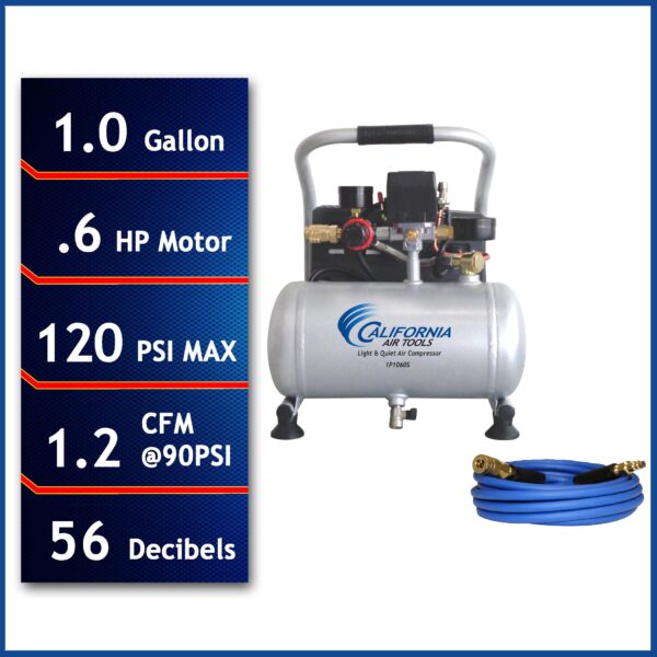 California Air Tools .6 HP, 1.0 GAL. Steel Tank Portable Light & Quiet Air Compressor with Hose Kit - Image 2