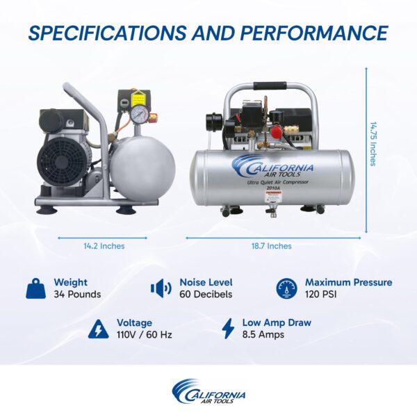 California Air Tools 1.0 Hp, 2.0 Gal. Aluminum Tank Ultra Quiet & Oil-Free Air Compressor - Image 3