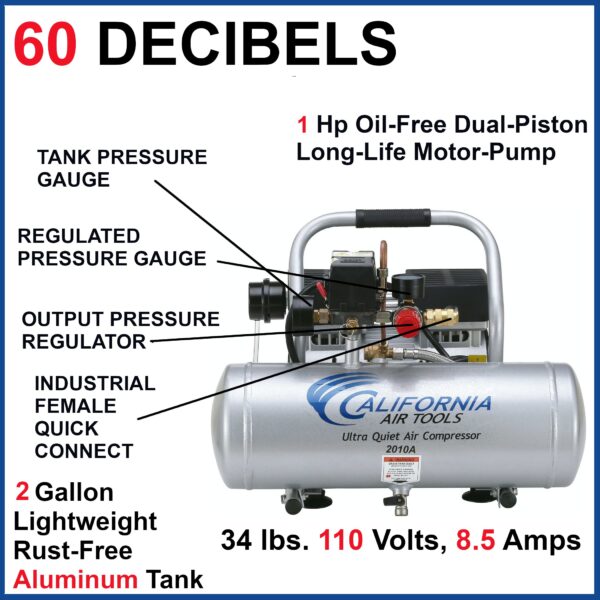California Air Tools 1.0 Hp, 2.0 Gal. Aluminum Tank Ultra Quiet & Oil-Free Air Compressor - Image 6