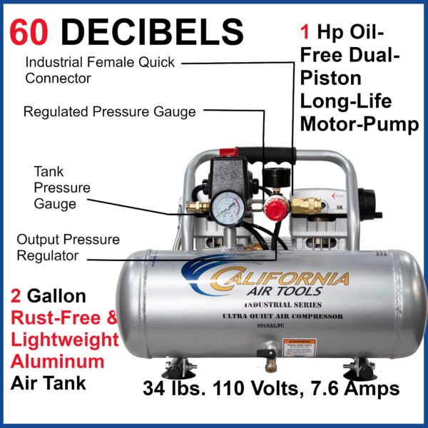 California Air Tools 1.0 Hp, 2.0 Gal. Aluminum Tank Ultra Quiet & Oil-Free Air Compressor - Image 4