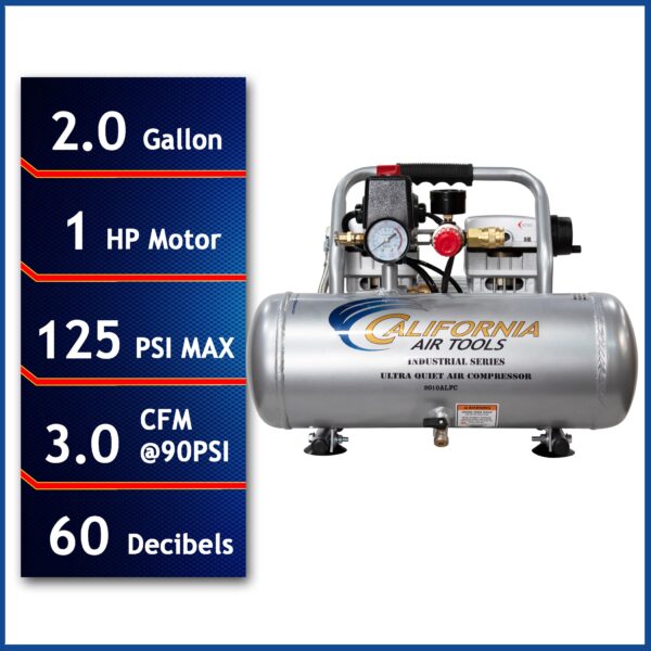 California Air Tools 1.0 Hp, 2.0 Gal. Aluminum Tank Ultra Quiet & Oil-Free Air Compressor - Image 5