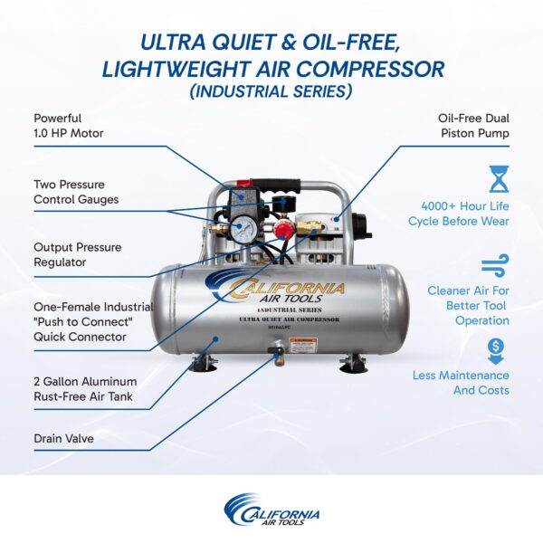 California Air Tools 1.0 Hp, 2.0 Gal. Aluminum Tank Ultra Quiet & Oil-Free Air Compressor - Image 12