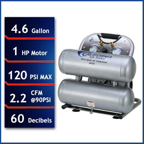 California Air Tools 1.0 Hp, 4.6 Gal. Steel Twin Tank Ultra Quiet & Oil-Free Air Compressor - Image 3