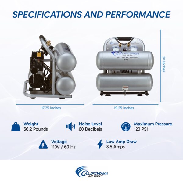 California Air Tools 1.0 Hp, 4.6 Gal. Steel Twin Tank Ultra Quiet & Oil-Free Air Compressor - Image 12