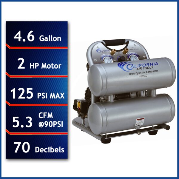 California Air Tools 2.0 Hp, 4.0 Gal. Aluminum Twin Tank Ultra Quiet  & Oil-Free Air Compressor - Image 9