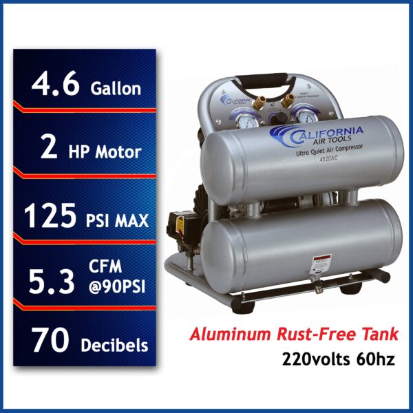 California Air Tools 2.0 Hp, 4.0 Gal. Aluminum Twin Tank Ultra Quiet & Oil-Free Air Compressor (220V  60HZ) - Image 5