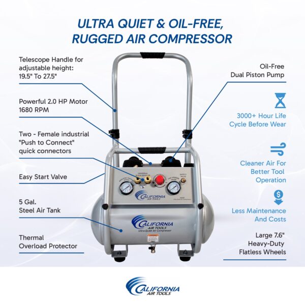 California Air Tools 5 Gal 2 Hp Ultra-Quiet Oil-Free Rugged Air Compressor - Image 3