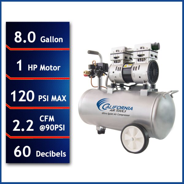 California Air Tools 1.0 Hp, 8.0 Gal. Steel Tank Ultra Quiet & Oil-Free Air Compressor - Image 3