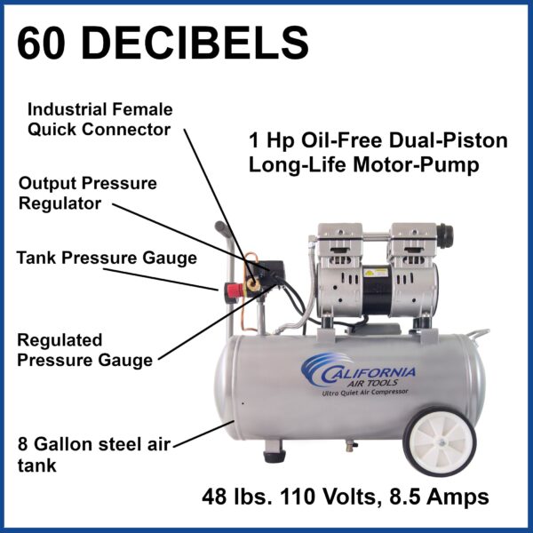 California Air Tools 1.0 Hp, 8.0 Gal. Steel Tank Ultra Quiet & Oil-Free Air Compressor - Image 4