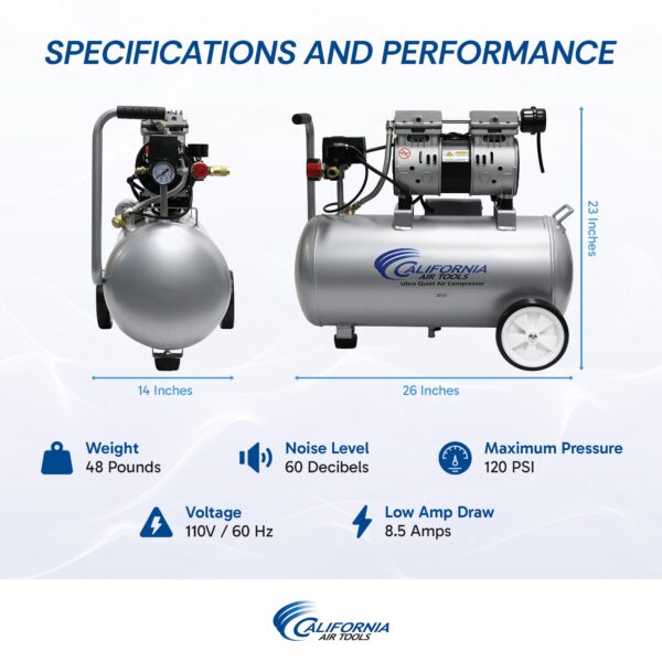 California Air Tools 1.0 Hp, 8.0 Gal. Steel Tank Ultra Quiet & Oil-Free Air Compressor - Image 10