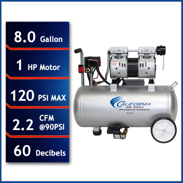 California Air Tools 1.0 Hp, 8.0 Gal. Steel Tank Ultra Quiet & Oil-Free Air Compressor w/Auto Drain - Image 7