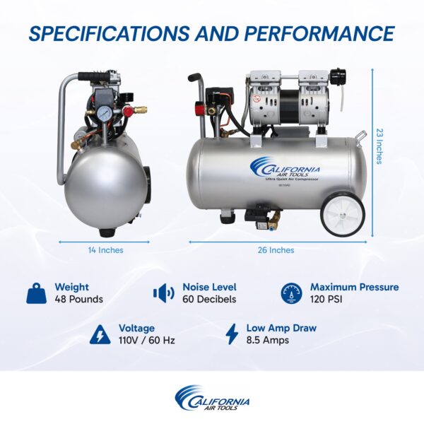 California Air Tools 1.0 Hp, 8.0 Gal. Steel Tank Ultra Quiet & Oil-Free Air Compressor w/Auto Drain - Image 9