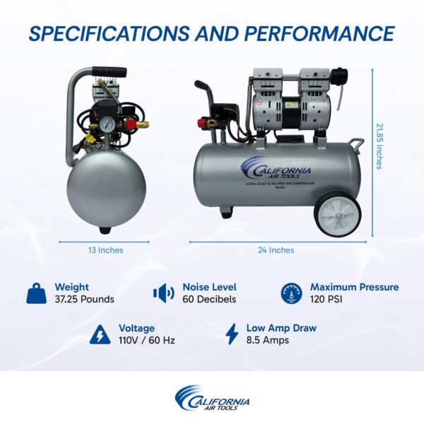 California Air Tools 1.0 Hp, 8.0 Gal. Aluminum Tank Ultra Quiet & Oil-Free Air Compressor - Image 2