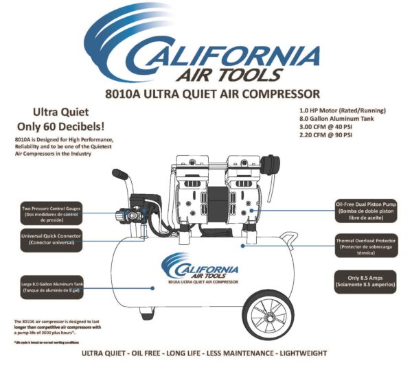 California Air Tools 1.0 Hp, 8.0 Gal. Aluminum Tank Ultra Quiet & Oil-Free Air Compressor - Image 4