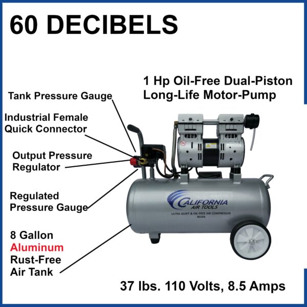 California Air Tools 1.0 Hp, 8.0 Gal. Aluminum Tank Ultra Quiet & Oil-Free Air Compressor - Image 6