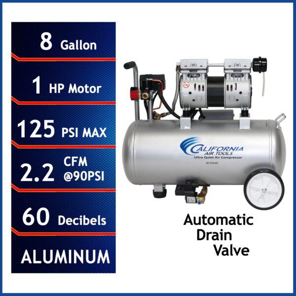 California Air Tools Aluminum Tank Ultra Quiet, Oil-Free, Lightweight Air Compressor with Automatic Drain Valve - Image 3