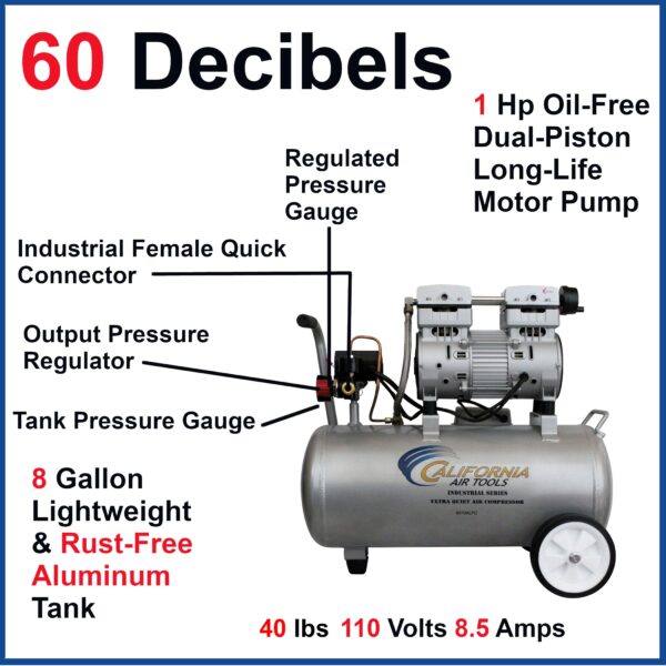 California Air Tools 1.0 Hp 8.0 Gal. Aluminum Tank Ultra Quiet & Oil-Free Air Compressor - Image 4