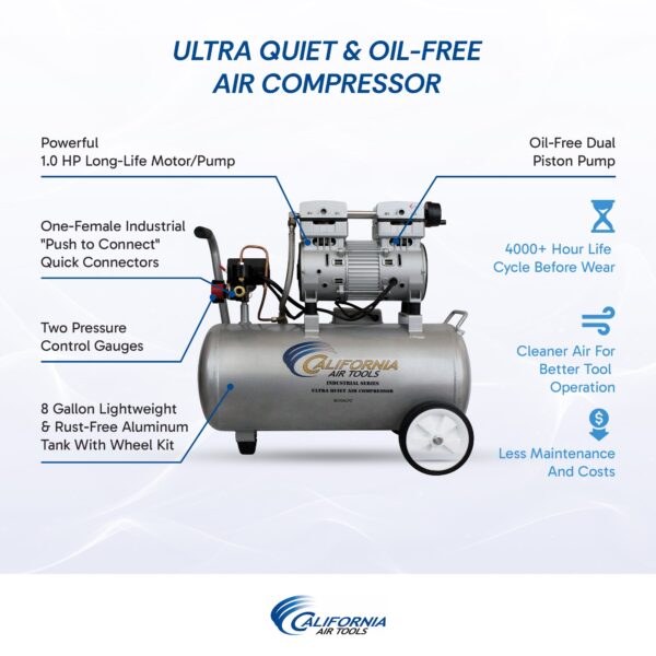 California Air Tools 1.0 Hp 8.0 Gal. Aluminum Tank Ultra Quiet & Oil-Free Air Compressor - Image 8