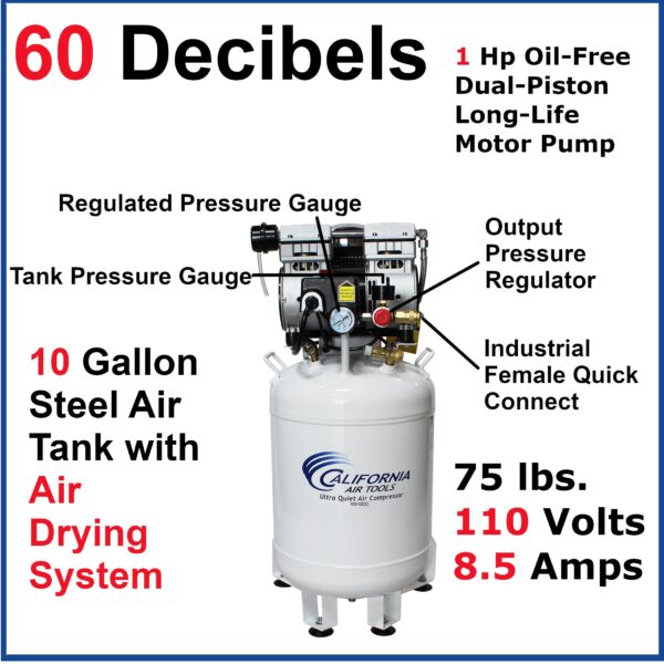 California Air Tools 1.0 Hp, 10.0 Gal. Steel Tank Ultra Quiet & Oil-Free Air Compressor - with Air Drying System (110V 60Hz) - Image 3