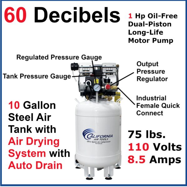 California Air Tools 1.0 Hp, 10.0 Gal. Steel Tank Ultra Quiet  & Oil-Free Air Compressor- with Air Drying System(110V 60Hz) - Image 3