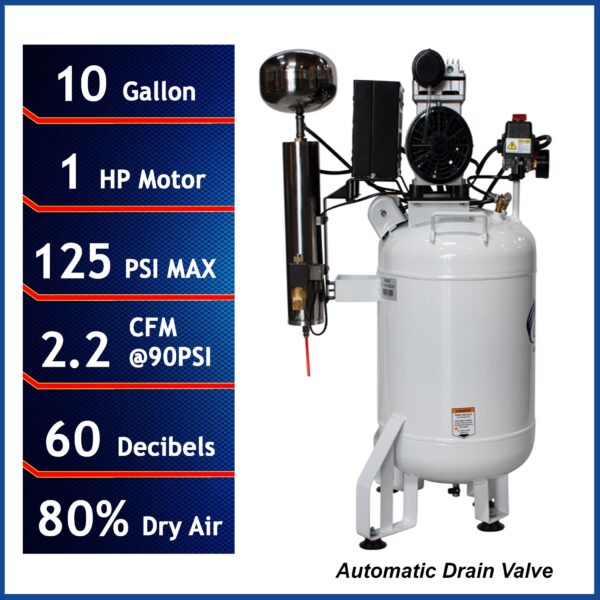 California Air Tools 1.0 Hp, 10.0 Gal. Steel Tank Ultra Quiet  & Oil-Free Air Compressor- with Air Drying System(110V 60Hz) - Image 5