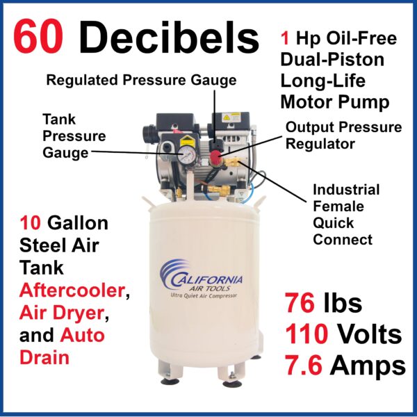 California Air Tools 1.0 Hp, 10.0 Gal. Steel Tank Ultra Quiet & Oil-Free Air Compressor with Air Drying System - Image 7