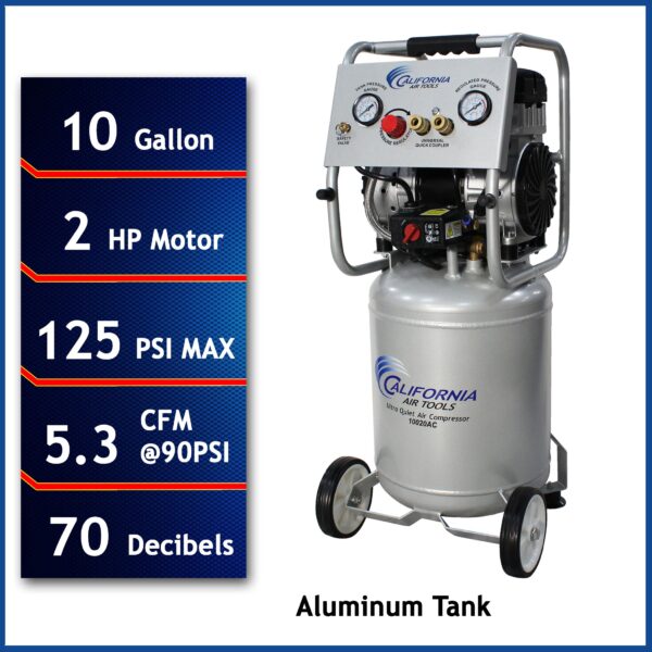 California Air Tools 2.0 Hp, 10.0 Gal. Aluminum Tank Ultra Quiet & Oil-Free Air Compressor - Image 3