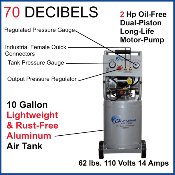 California Air Tools 2.0 Hp, 10.0 Gal. Aluminum Tank Ultra Quiet & Oil-Free Air Compressor - Image 5