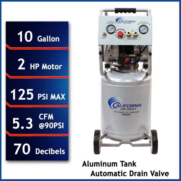 California Air Tools 2.0 Hp, 10.0 Gal. Aluminum Tank Ultra Quiet & Oil-Free Air Compressor w/Auto Drain - Image 3