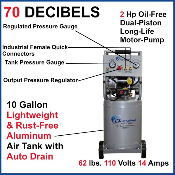California Air Tools 2.0 Hp, 10.0 Gal. Aluminum Tank Ultra Quiet & Oil-Free Air Compressor w/Auto Drain - Image 5