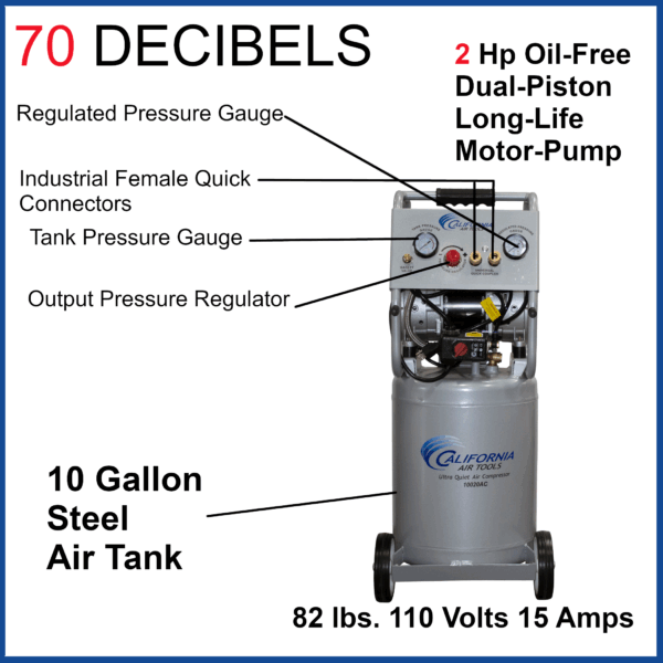 California Air Tools 2.0 Hp, 10.0 Gal. Steel Tank Ultra Quiet & Oil-Free Air Compressor - Image 8
