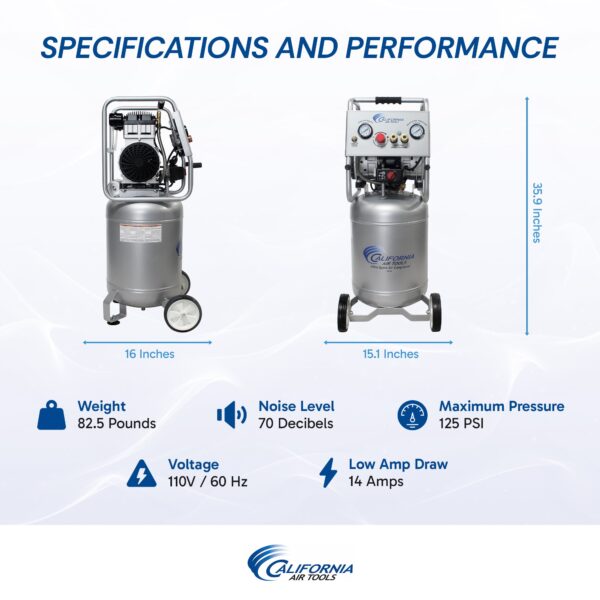 California Air Tools 2.0 Hp, 10.0 Gal. Steel Tank Ultra Quiet & Oil-Free Air Compressor - Image 14