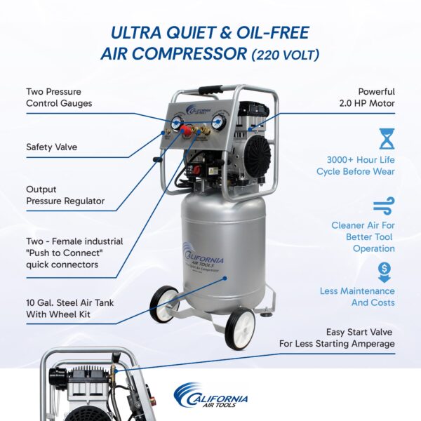California Air Tools 2.0 Hp, 10.0 Gal. Steel Tank Ultra Quiet & Oil-Free Air Compressor (220v 60 hz) - Image 2