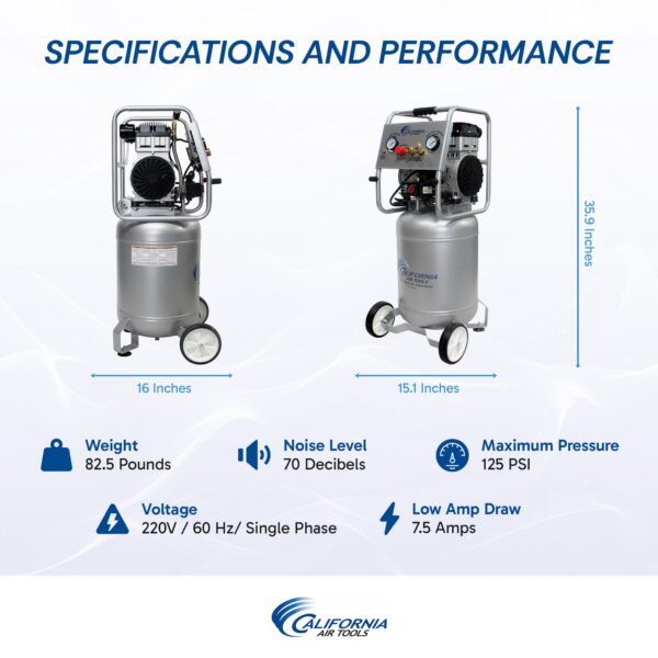 California Air Tools 2.0 Hp, 10.0 Gal. Steel Tank Ultra Quiet & Oil-Free Air Compressor (220v 60 hz) - Image 4