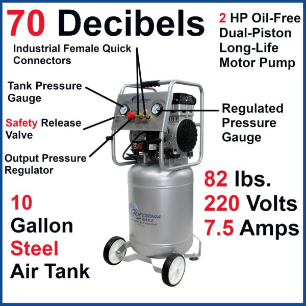 California Air Tools 2.0 Hp, 10.0 Gal. Steel Tank Ultra Quiet & Oil-Free Air Compressor (220v 60 hz) - Image 8