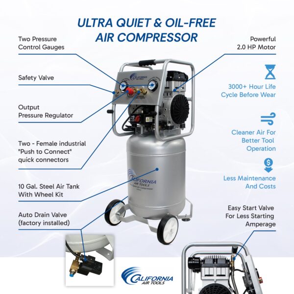 California Air Tools 2.0 Hp 10.0 Gal. Steel Tank Ultra Quiet & Oil-Free Air Compressor with Auto Drain Valve - Image 2