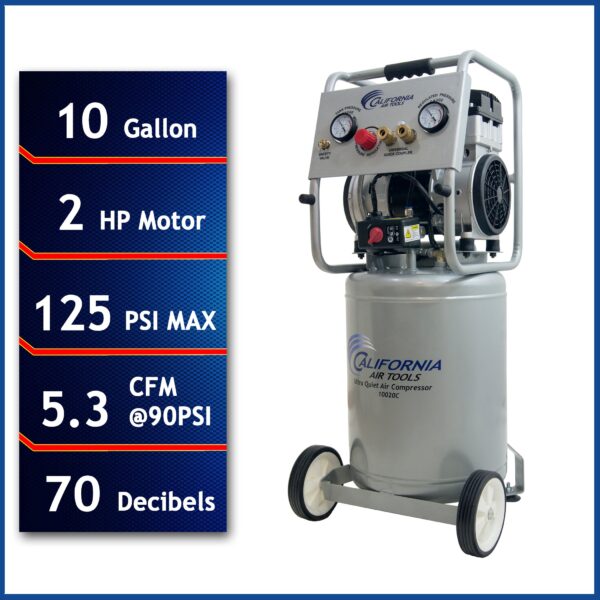 California Air Tools 2.0 Hp 10.0 Gal. Steel Tank Ultra Quiet & Oil-Free Air Compressor with Auto Drain Valve - Image 4
