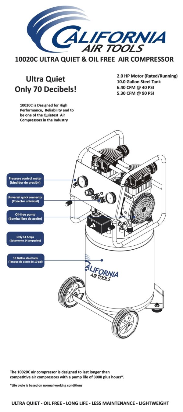 California Air Tools 2.0 Hp 10.0 Gal. Steel Tank Ultra Quiet & Oil-Free Air Compressor with Auto Drain Valve - Image 5
