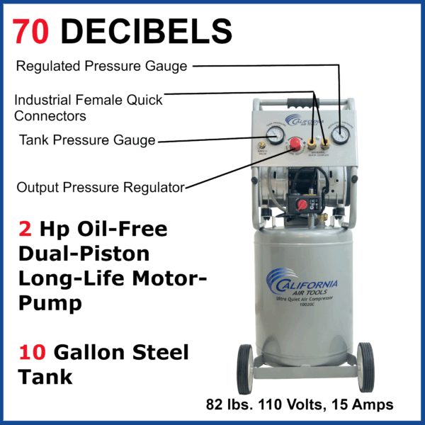 California Air Tools 2.0 Hp 10.0 Gal. Steel Tank Ultra Quiet & Oil-Free Air Compressor with Auto Drain Valve - Image 7