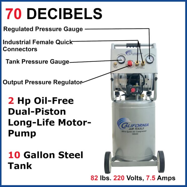 California Air Tools 2.0 Hp, 10.0 Gal. Steel Tank Ultra Quiet & Oil-Free Air Compressor with Auto Drain Valve - Image 2