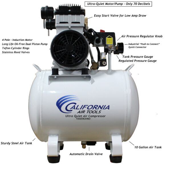 California Air Tools 2.0 Hp 10.0 Gal. Steel Tank Ultra Quiet & Oil-Free Air Compressor with Auto Drain Valve - Image 2
