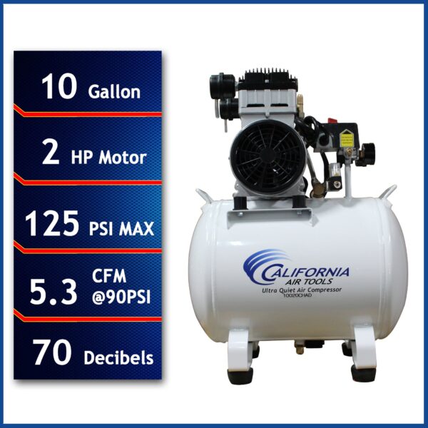 California Air Tools 2.0 Hp 10.0 Gal. Steel Tank Ultra Quiet & Oil-Free Air Compressor with Auto Drain Valve - Image 4