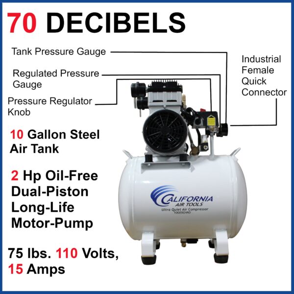 California Air Tools 2.0 Hp 10.0 Gal. Steel Tank Ultra Quiet & Oil-Free Air Compressor with Auto Drain Valve - Image 6