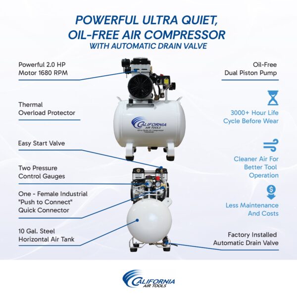 California Air Tools 2.0 Hp 10.0 Gal. Steel Tank Ultra Quiet & Oil-Free Air Compressor with Auto Drain Valve - Image 10