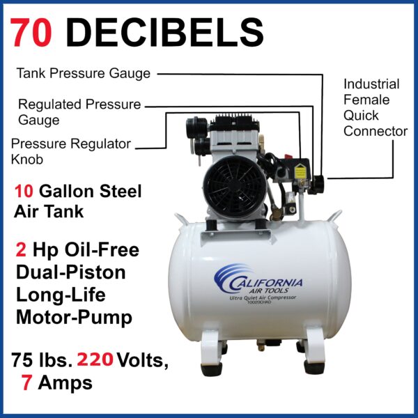 California Air Tools 2.0 Hp, 10.0 Gal. Steel Tank Ultra Quiet & Oil-Free Air Compressor with Auto Drain Valve (220v 60hz) - Image 6