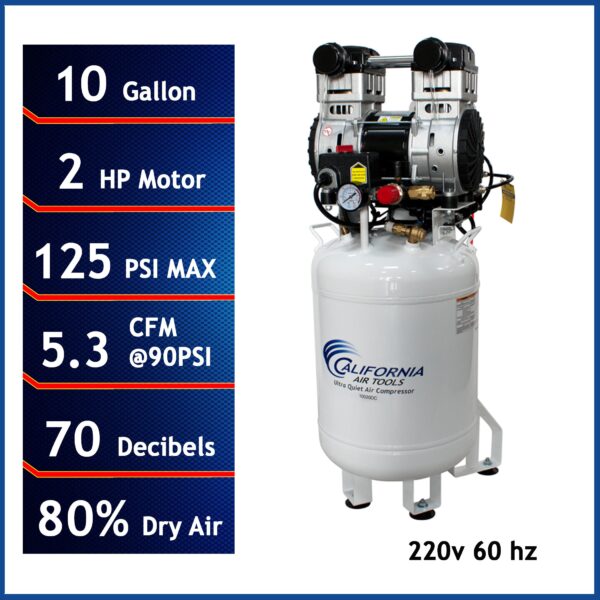 California Air Tools 2.0 Hp, 10.0 Gal. Steel Tank Ultra Quiet & Oil-Free Air Compressor with Air Drying System (220V 60Hz) - Image 5