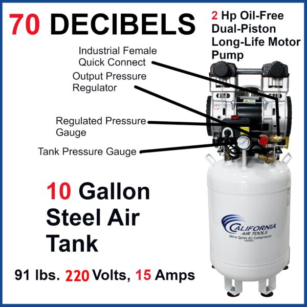 California Air Tools 2.0 Hp, 10.0 Gal. Steel Tank Ultra Quiet & Oil-Free Air Compressor with Air Drying System (220V 60Hz) - Image 8