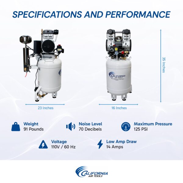 California Air Tools 2.0 Hp, 10.0 Gal. Steel Tank Ultra Quiet & Oil-Free Air Compressor with Air Drying System - Image 5