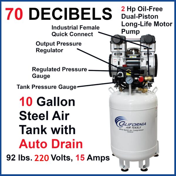 California Air Tools 2.0 Hp, 10.0 Gal. Steel Tank Ultra Quiet & Oil-Free Air Compressor with Air Drying System (20V 60Hz) - Image 8